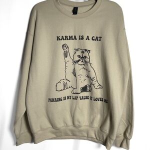 Cat Graphic‎ Print Sweatshirt Karma Purring Cat Lovers Beige Sz L Oversized